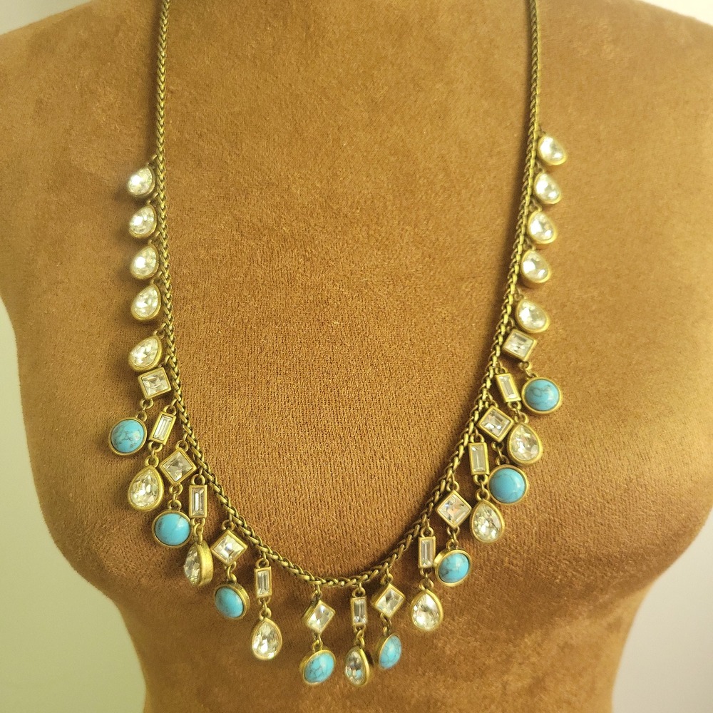 Ann Taylor Faux Turquoise Crystal Fringe Necklace Gold Tone 28' Southwest